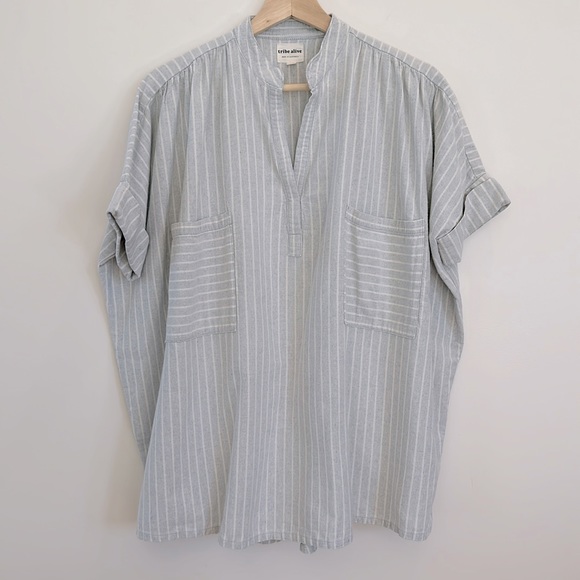 Tribe Alive Striped Split-Neck Top (S) - Picture 2 of 11